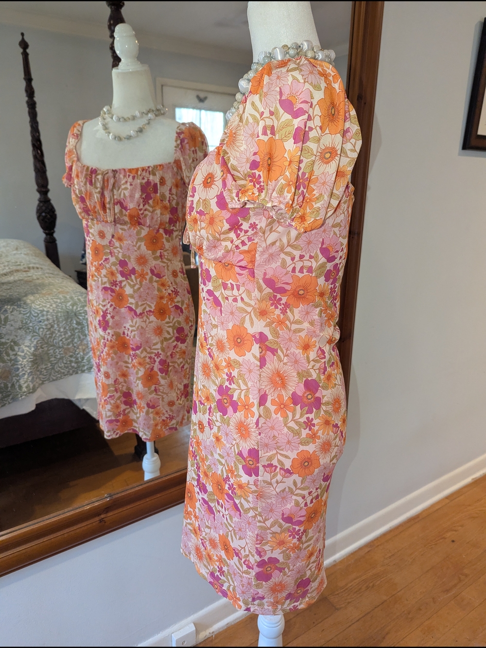 Primark Pink & Orange Floral Square-Neck Puff Sleeve Mini Dress - Picture 3 of 10